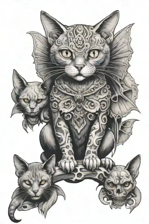 Cat Sitting On Skulls With Bat Wings Spread Wide