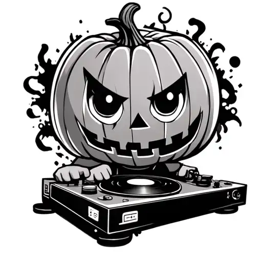 Cute Chibi Dj With A Pumpkin Head Mask And A Turntable