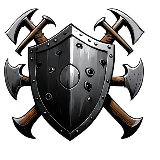Shield With 4 Bullet Holes And 2 Axes Standing In A X Shape Infront Of The Shield