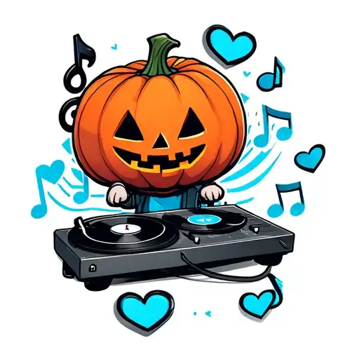 Cute Chibi Dj With A Pumpkin Head Mask And A Turntable Blue Hearts And Music Notes