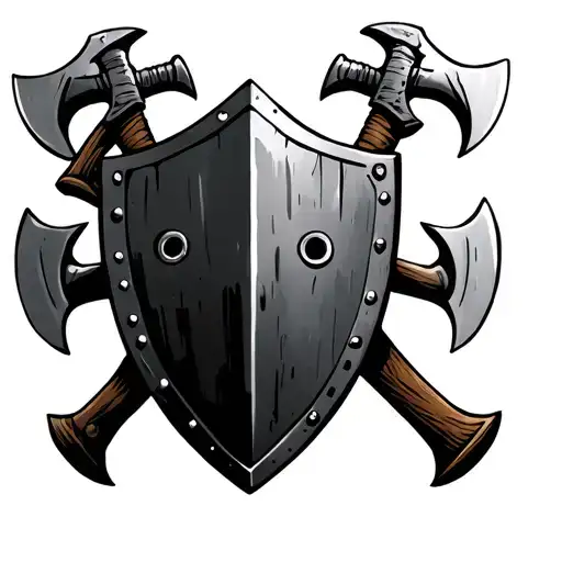 Shield With 4 Bullet Holes And 2 Axes Standing In A X Shape Infront Of The Shield