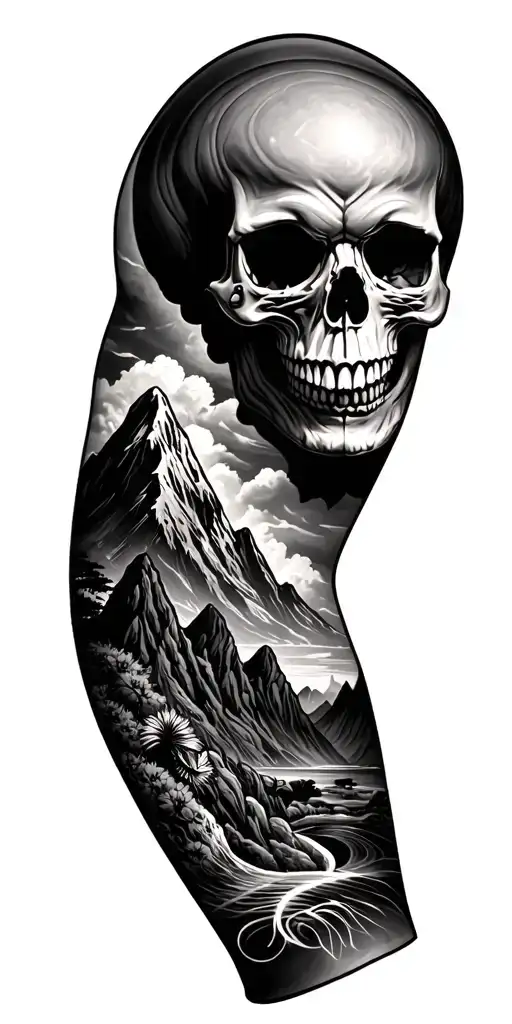 Arm Sleeve Skull And Maori And Realistic Mountains
