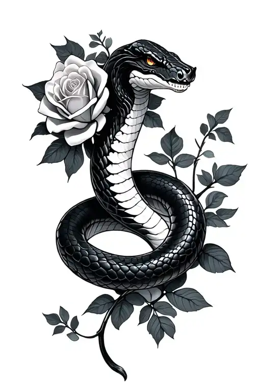 Blacked Out Snake With White Highlights And Grey Roses Around It