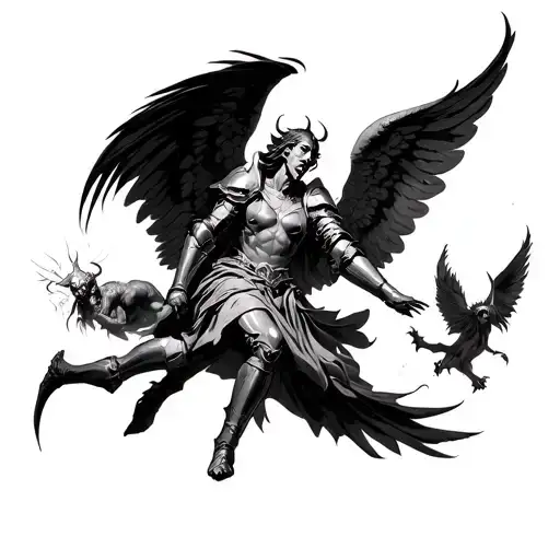 Demons Flying Away From An Angel In Armor