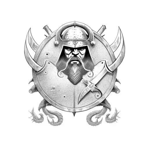 A Viking Warrior Engaged In A Fierce Sword And Shield Duel With A Mythical Sea Serpent