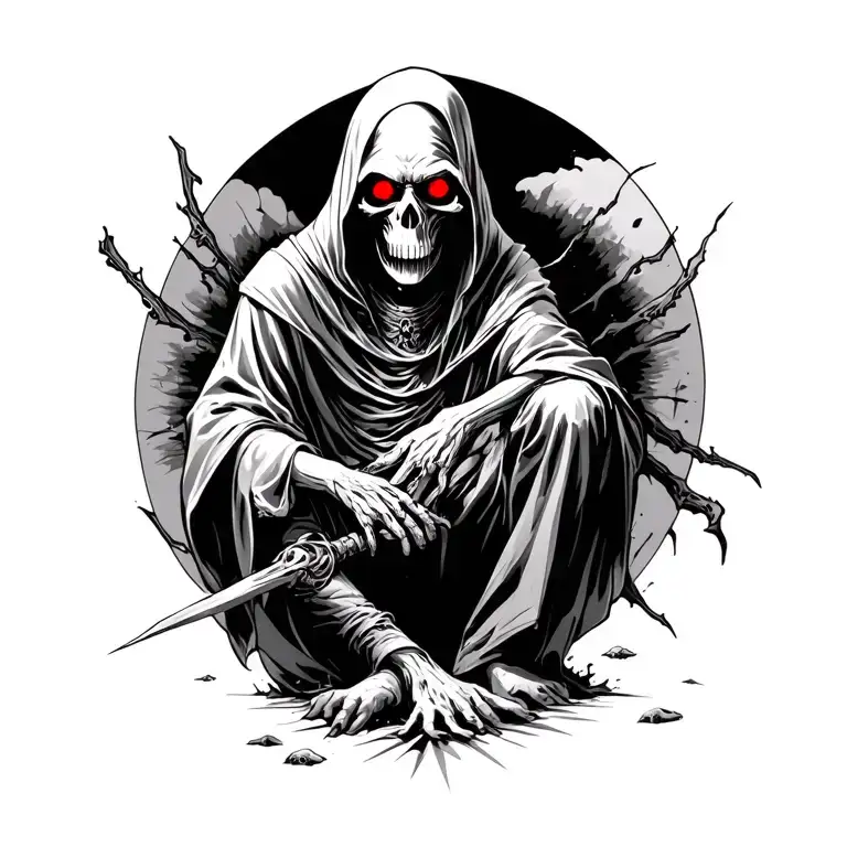 Grim Reaper With Red Eyes And Souls On The Ground