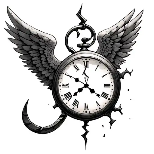 Broken Clock With A Sickle On One Side And Angel Wing On The Other