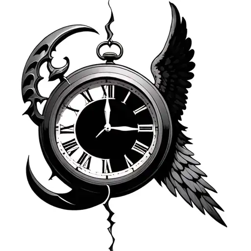 Broken Clock With A Sickle On One Side And An Angel Wing On The Other