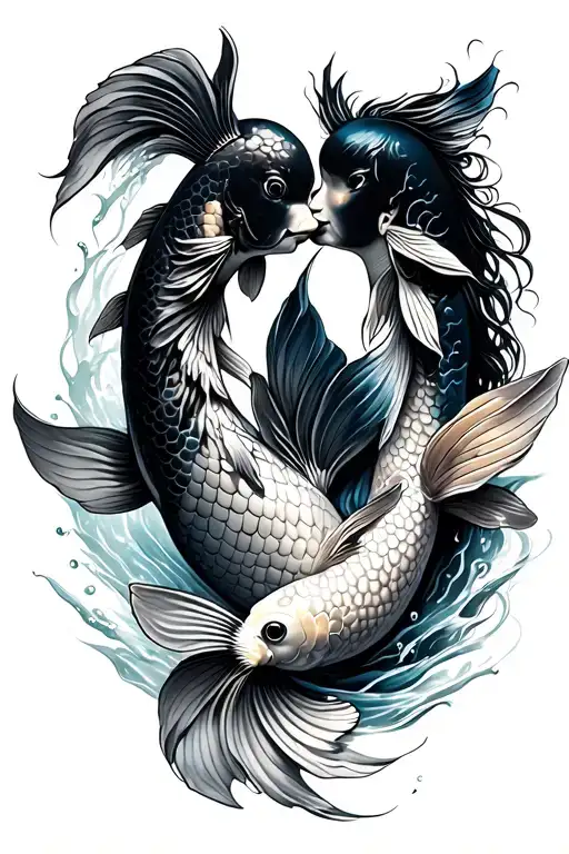 A Pair Of Koi Fish Circling Around Kissing Lovers