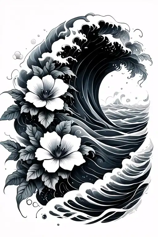 Wave And Waves Spine Tattoo With Flowers