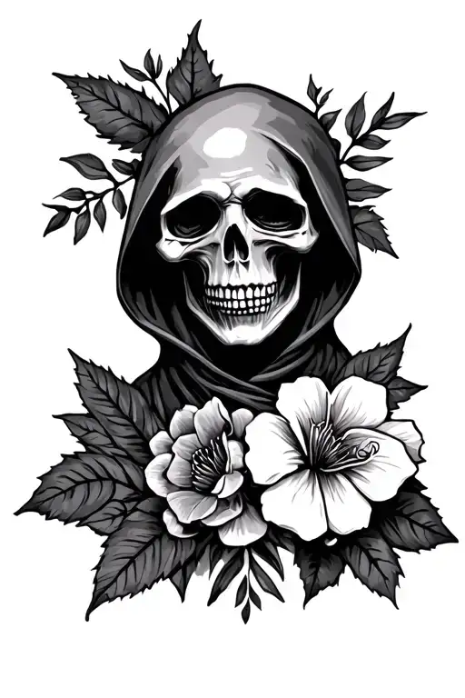 Grim Reaper And Flowers And Leaves