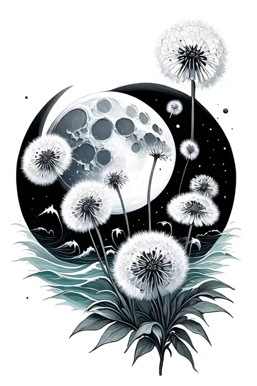 Moon And Waves Tattoo Dandelions Flowers Growing