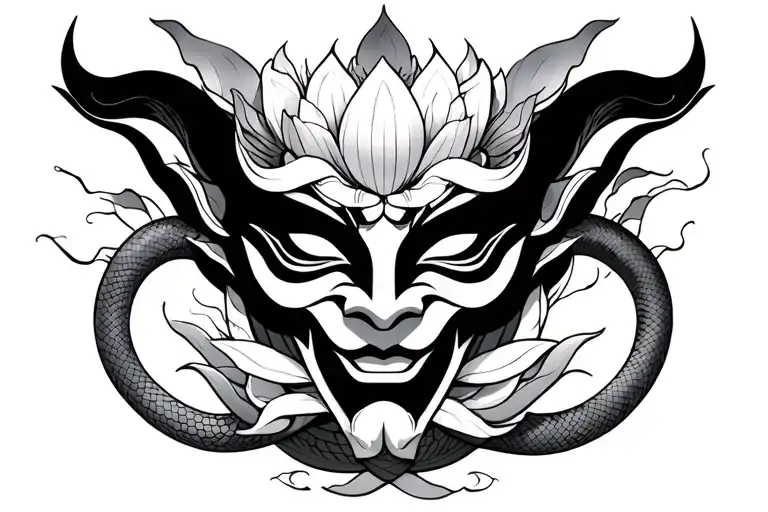 Oni Mask Surrounded By Snake And Lotus Flower Behind The Mask