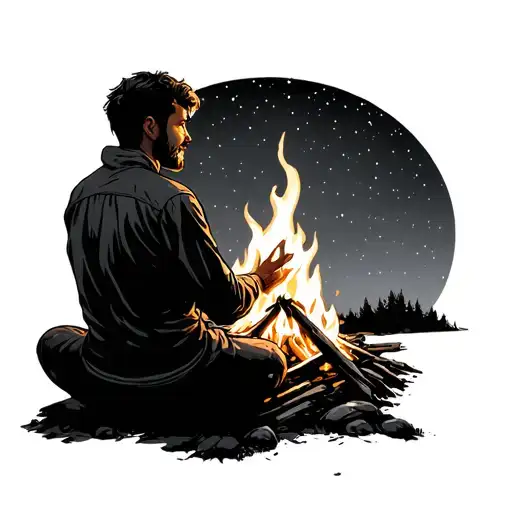 Man Sitting By Campfire Looking At Stars