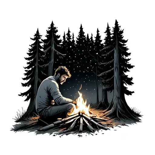 Realistic Man Sitting By Campfire Looking Through The Trees At Stars