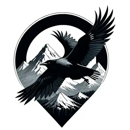 Flying Blackbird Geometric Design Incorporating Mountain In Circle