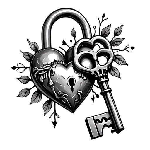 Skeleton Key And Skeleton Heart Lock Tattoo Design