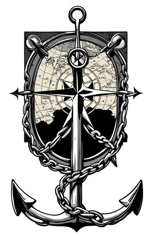 Anchor With Chain Wrapping Forearm With A Detailed Compass And A Map Background