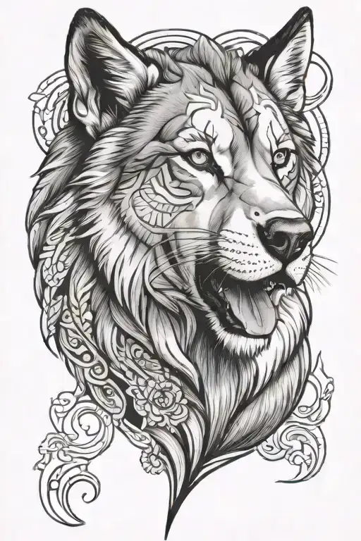 Half Lion Head With Half Husky Face