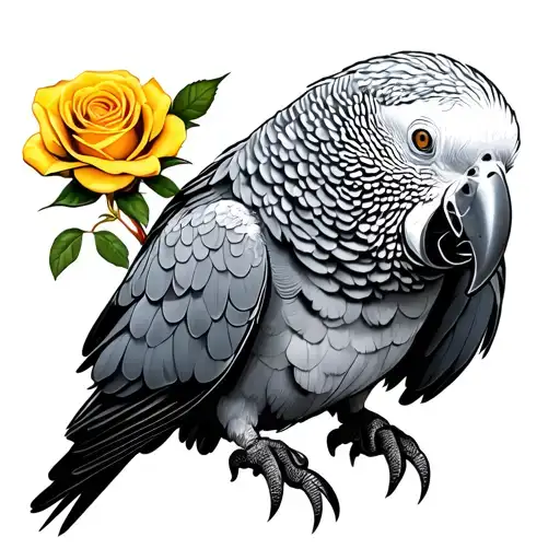 African Grey Parrot Looking In To A Yellow Rose