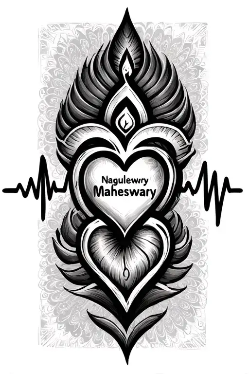 Trishul Symbol With Heart Beat And Names Naguleswary And Maheswary