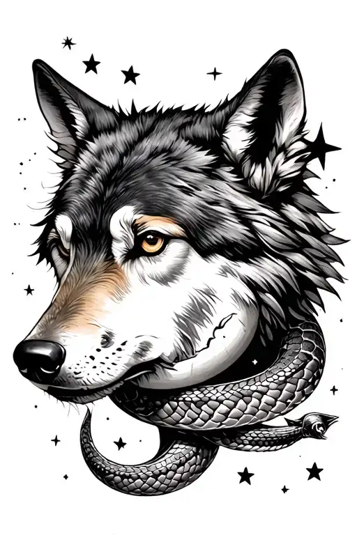 Wolf Head Moon Snake And Stars