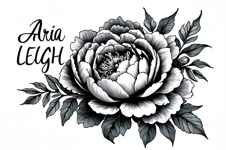 A Tattoo That Says Aria Leigh With Peony Flowers