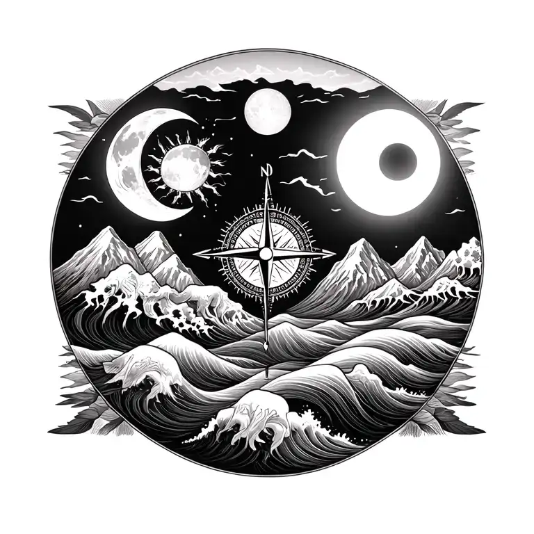 Moon And Sun Waves Mountain With Elephant Sobriety Compass Intertwined
