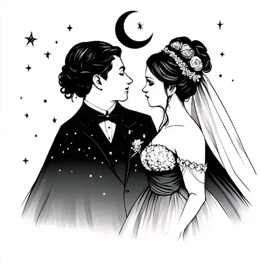 A Portrait-style Tattoo Of A Bride And Groom Under A Starry Sky With A Crescent Moon
