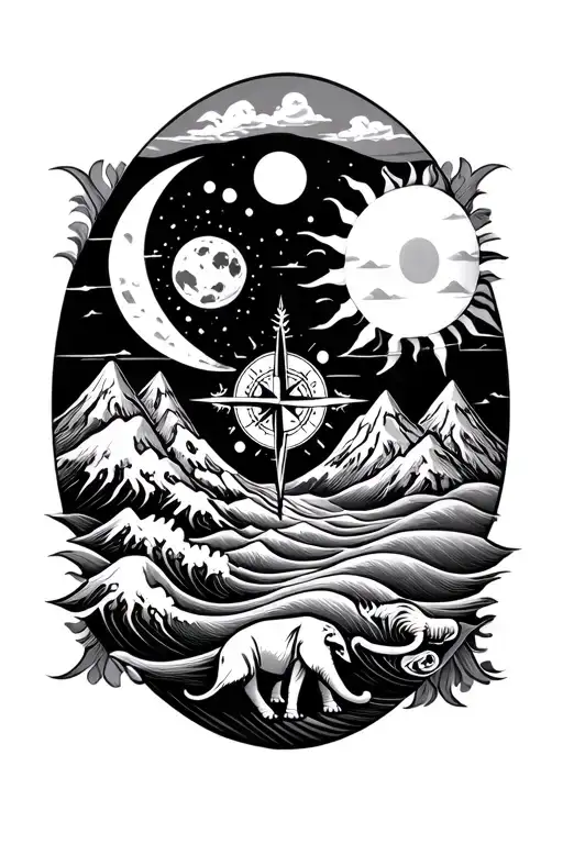 Moon And Sun Waves Mountain Elephant With Sobriety Compass Intertwined