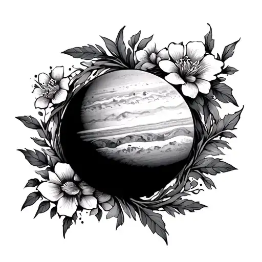 Planet Jupiter With Vines And Flowers Around
