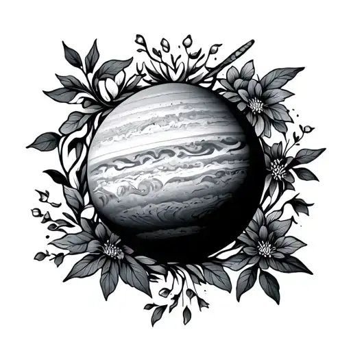 Planet Jupiter With Vines And Flowers Around Fine Line