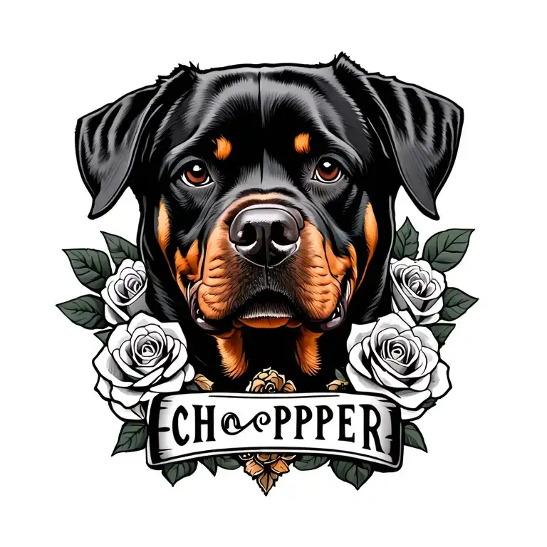 Left Foot Tattoo Design Of Rottweiler Surrounded By Roses With A Coller That Says Chopper On It