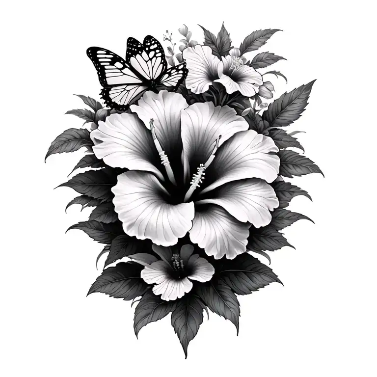 Hibiscus Flowers & Butterfly Surrounded