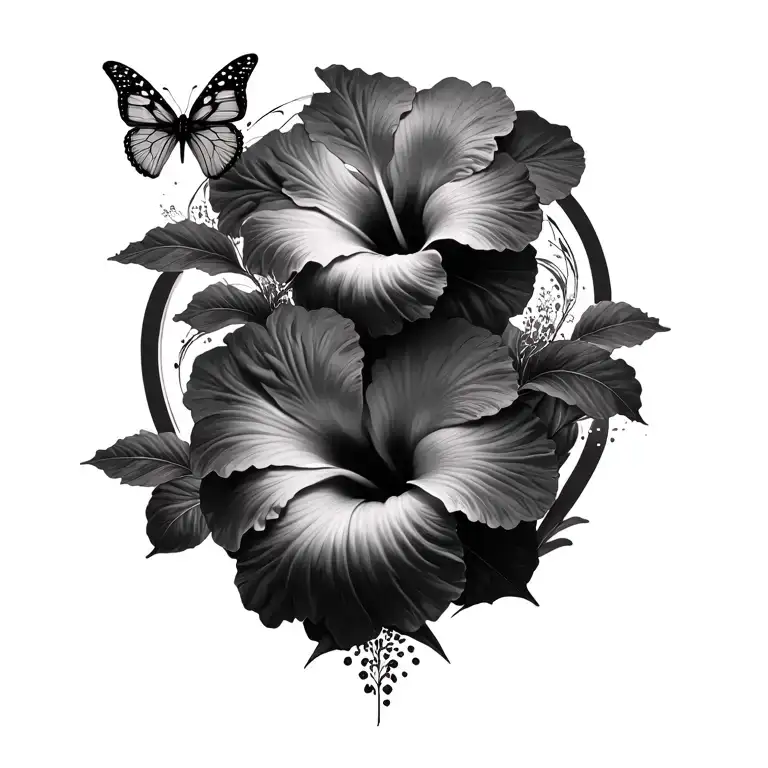 3 Hibiscus Flowers & Butterfly Surrounded