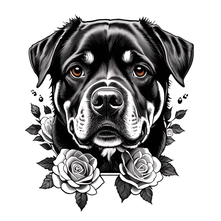 Left Foot Tattoo Design Of Rottweiler Surrounded By Roses And Foot Print