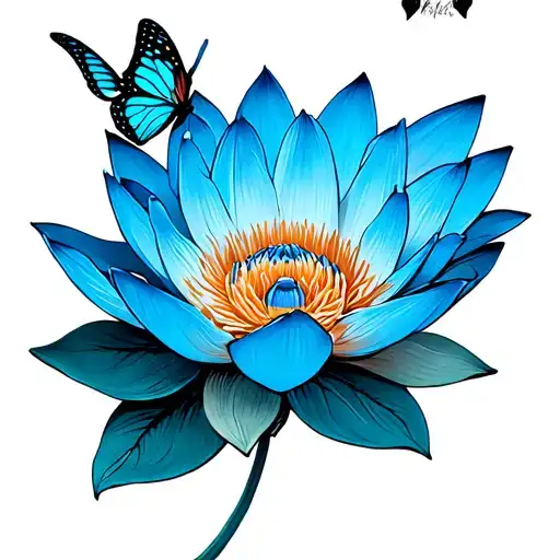 Blue Lotus Flower With Semi Colon Butterfly