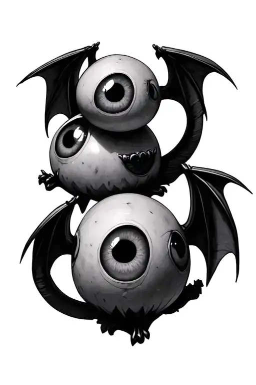 Three Single Eyeballs With Batwings And Tails Laying On Top Of Each Other