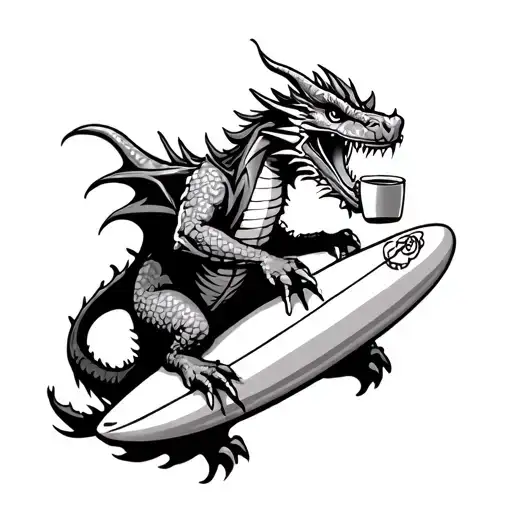 Cartoon Dragon Drinking Coffee Riding Surfboard