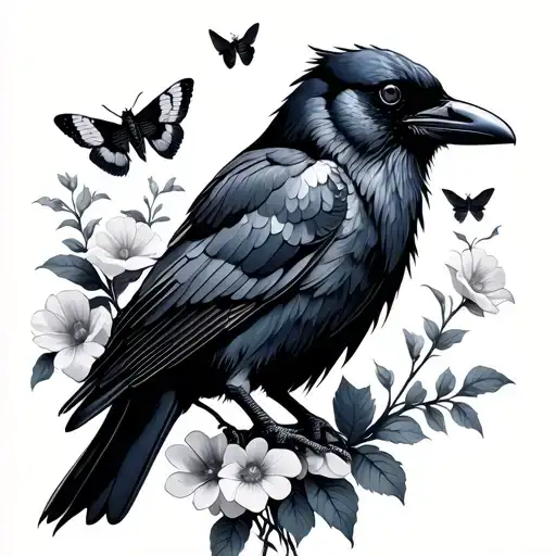 Crow With Flowers And Gypsy Moths Flying