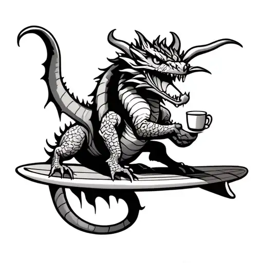 Cartoon Dragon Drinking Coffee Riding Surfboard