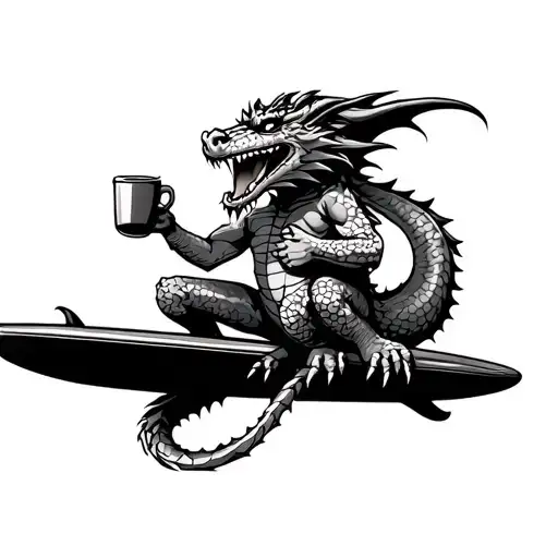 Cartoon Dragon Drinking Coffee Riding Surfboard
