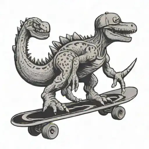 Dinosaur Riding Skateboard With A Jersey On And A Flat Bill Hat