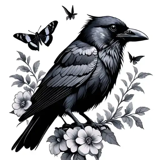 Crow With Flowers And Gypsy Moths Flying