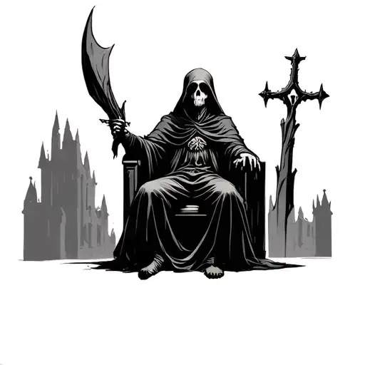 Dark Cathedral Grim Reaper Sitting On Throne