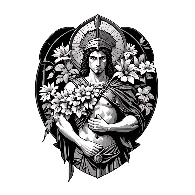 Libra Scale And Spartan Warrior Holding Flowers