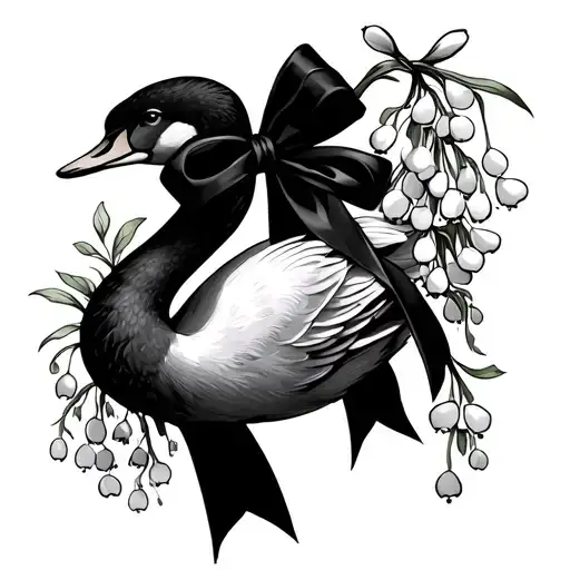 Swan With Ribbon Bow And Lily Of The Valley Flowers Slanging Down To A Side