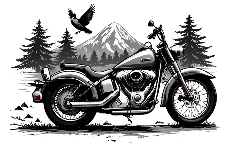 Cat And Bird And Motorcycle Camping Scene