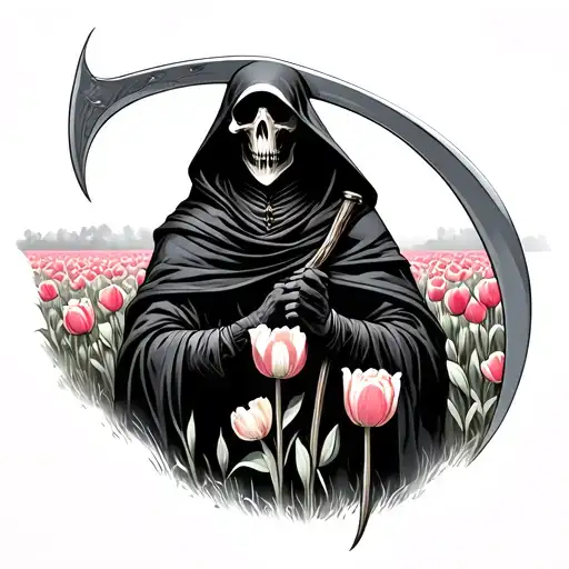Reaper Holding A Scythe In A Tulip Field