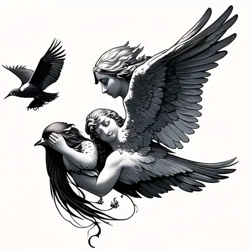 Birds Flying With And Angel Praying